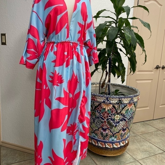 Caftan Maxi‎ Tunic Blue and Pink Floral Print Dress Small - Picture 5 of 15